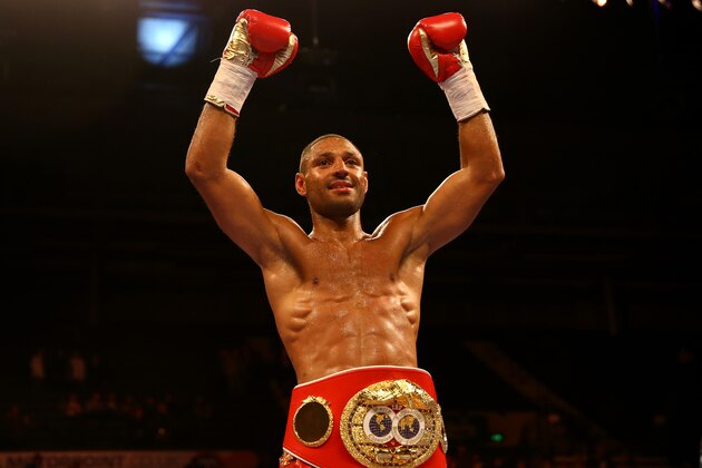 SHEFFIELD, ENGLAND - MARCH 28:  Kell Brook celebrates after beating Jo Jo Dan during their IBF World Welterweight Title Fight at the Motorpoint Arena on March 28, 2015 in Sheffield, England.  (Photo by Richard Heathcote/Getty Images)