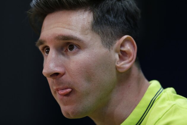 FC Barcelona's Lionel Messi, from Argentina, attends a press conference at the Sports Center FC Barcelona Joan Gamper in San Joan Despi, Spain, Tuesday, May 5, 2015.  FC Barcelona will play against Bayern Munich in a first leg semifinal Champions League soccer match on Wednesday May 6. (AP Photo/Manu Fernandez)