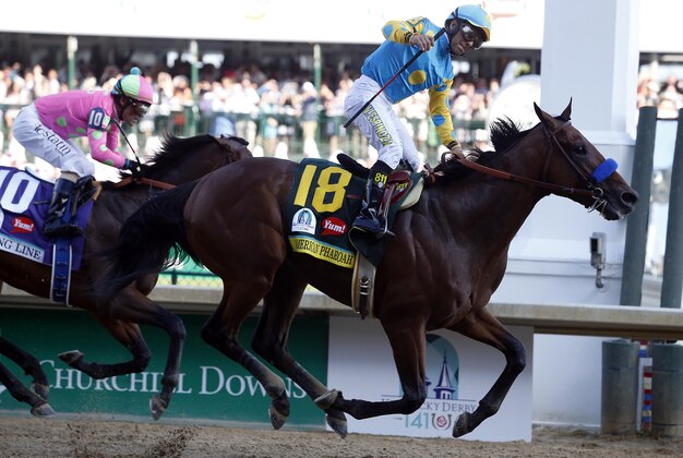 uMay 2, 2015; Louisville, KY, USA; Victor Espinoza aboard American Pharoah celebrates winning the 141st Kentucky Derby at Churchill Downs. Mandatory Credit: Peter Casey-USA TODAY Sports