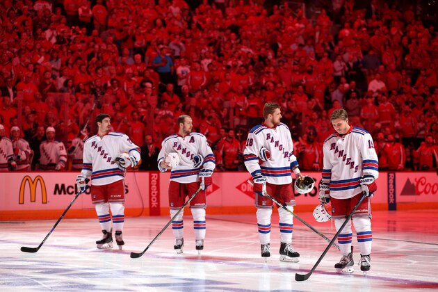 WASHINGTON, DC - MAY 04: Jesper Fast #19 of the New York Rangers and teammates look on during the national anthem before playing the Washington Capitals in Game Three of the Eastern Conference Semifinals during the 2015 NHL Stanley Cup Playoffs at Verizon Center on May 4, 2015 in Washington, DC. The Washington Capitals won, 1-0. (Photo by Patrick Smith/Getty Images)