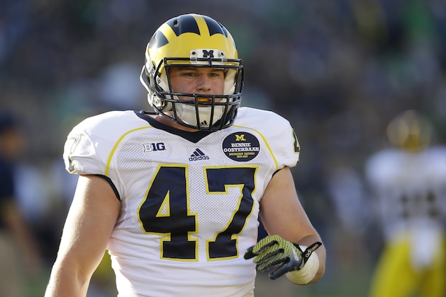 Michigan linebacker Jake Ryan before an NCAA college football game against Notre Dame in South Bend, Ind., Saturday, Sept. 6, 2014. (AP Photo/Michael Conroy)