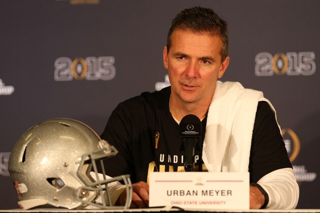 ARLINGTON, TX - JANUARY 12:  Head coach Urban Meyer of the Ohio State Buckeyes talks to the media after defeating the Oregon Ducks in the College Football Playoff National Championship Game at AT&T Stadium on January 12, 2015 in Arlington, Texas.  The Ohio State Buckeyes defeated the Oregon Ducks 42 to 20.  (Photo by Sarah Glenn/Getty Images)