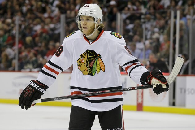 Chicago Blackhawks right wing Patrick Kane (88) gets into position for a face-off against the Minnesota Wild during the second period of Game 3 in the second round of the NHL Stanley Cup hockey playoffs in St. Paul, Minn., Tuesday, May 5, 2015. (AP Photo/Ann Heisenfelt)