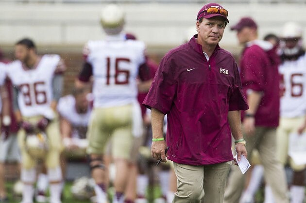 Florida State head coach Jimbo Fisher reacts in the first half of Florida State Garnet & Gold spring college football game in Tallahassee, Fla., Saturday, April 11,  2015.   (AP Photo/Mark Wallheiser)