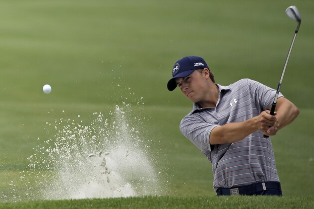 Jordan Spieth blasts from the sand trap on the 16th hole during a practice round at The Players Championship golf tournament Wednesday, May 6, 2015, in Ponte Vedra Beach, Fla. (AP Photo/Chris O'Meara)