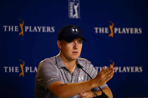 PONTE VEDRA BEACH, FL - MAY 06:  Jordan Spieth speaks to the media during a practice round for THE PLAYERS Championship at the TPC Sawgrass Stadium course on May 6, 2015 in Ponte Vedra Beach, Florida.  (Photo by Richard Heathcote/Getty Images)