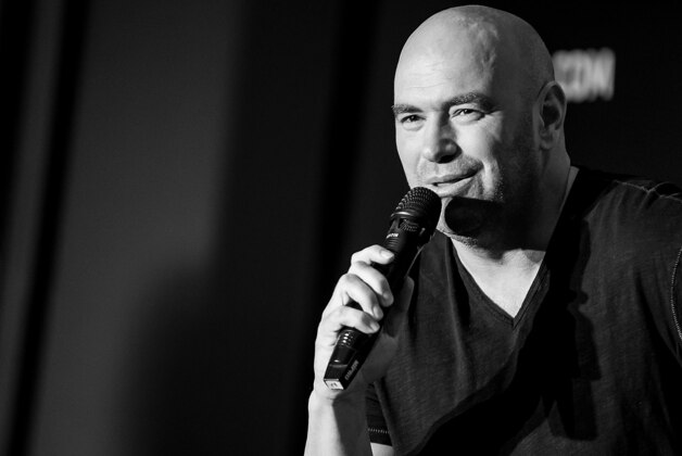 HONG KONG - AUGUST 20:  EDITORS NOTE: Image has been converted to black and white.) UFC President Dana White at a Q&A session during the Macao UFC Fight Night Press Conference at the Four Season Hotel on August 20, 2014 in Hong Kong.  (Photo by Anthony Kwan/Getty Images)
