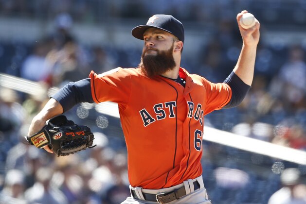 Houston Astros starting pitcher Dallas Keuchel works against the San Diego Padres during the Astros' 7-2 victory in a baseball game Wednesday April 29, 2015 in San Diego.  The Astros swept the Padres  in the three game series and Keuchel raised his record to 3-0 while pitching eight innings and allowing one run and three hits.   (AP Photo/Lenny Ignelzi)