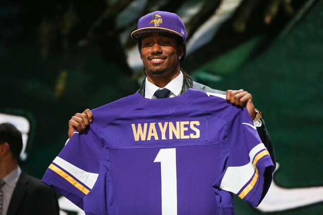 CHICAGO, IL - APRIL 30:  Trae Waynes of the Michigan State Spartans holds up a jersey after being picked #11 overall by the Minnesota Vikings during the first round of the 2015 NFL Draft at the Auditorium Theatre of Roosevelt University on April 30, 2015 in Chicago, Illinois.  (Photo by Jonathan Daniel/Getty Images)