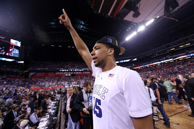 INDIANAPOLIS, IN - APRIL 06: Jahlil Okafor #15 of the Duke Blue Devils celebrates after defeating the Wisconsin Badgers during the NCAA Men's Final Four National Championship at Lucas Oil Stadium on April 6, 2015 in Indianapolis, Indiana. Duke defeated Wisconsin 68-63. (Photo by Streeter Lecka/Getty Images)