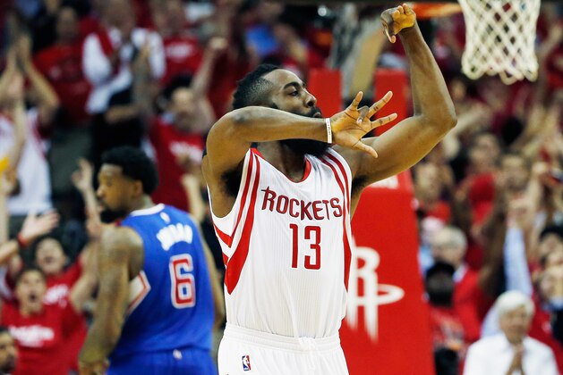 HOUSTON, TX - MAY 06:  James Harden #13 of the Houston Rockets celebrates a three point shot late in the second half against the Los Angeles Clippers during Game Two in the Western Conference Semifinals of the 2015 NBA Playoffs on May 6, 2015 at the Toyota Center in Houston, Texas. NOTE TO USER: User expressly acknowledges and agrees that, by downloading and/or using this photograph, user is consenting to the terms and conditions of the Getty Images License Agreement.  (Photo by Scott Halleran/Getty Images)