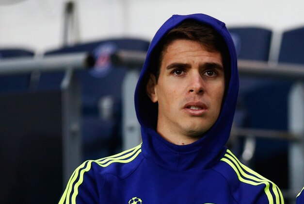 PARIS, FRANCE - FEBRUARY 17:  Oscar (L) and Filipe Luis of Chelsea look on prior to the UEFA Champions League Round of 16 match between Paris Saint-Germain and Chelsea at Parc des Princes on February 17, 2015 in Paris, France.  (Photo by Clive Rose/Getty Images)