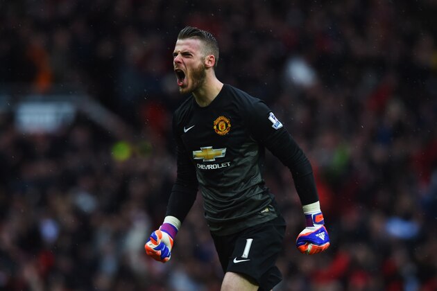 MANCHESTER, ENGLAND - APRIL 12:  David De Gea of Manchester United celebrates during the Barclays Premier League match between Manchester United and Manchester City at Old Trafford on April 12, 2015 in Manchester, England.  (Photo by Michael Regan/Getty Images)