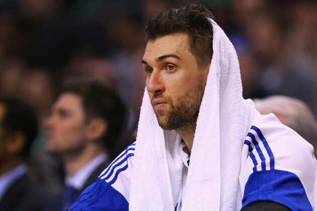 BOSTON, MA - FEBRUARY 25: Andrea Bargnani #77 of the New York Knicks looks on from the bench during the fourth quarter against the Boston Celtics at TD Garden on February 25, 2015 in Boston, Massachusetts. NOTE TO USER: User expressly acknowledges and agrees that, by downloading and or using this photograph, User is consenting to the terms and conditions of the Getty Images License Agreement.  (Photo by Maddie Meyer/Getty Images)