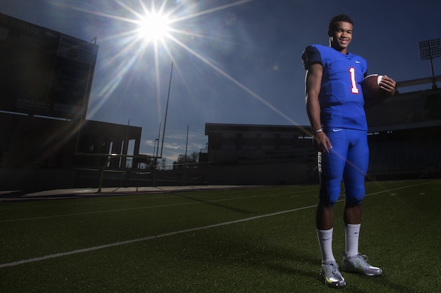 Dec 15, 2014; Allen, TX, USA; Kyler Murray of Allen high school poses for a portrait. He is the USA TODAY high school offensive player of the year.  Mandatory Credit: Kevin Jairaj-USA TODAY Sports