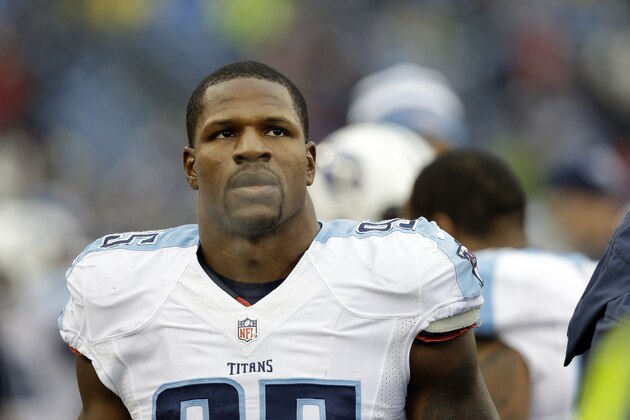 Tennessee Titans linebacker Kamerion Wimbley warms up before an NFL football game between the Titans and the Indianapolis Colts Sunday, Dec. 28, 2014, in Nashville, Tenn. (AP Photo/Sanford Myers)