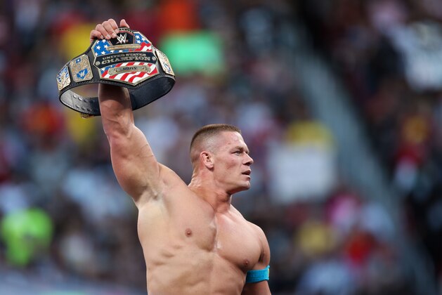 IMAGE DISTRIBUTED FOR WWE - WWE superstar John Cena celebrates winning the US title at WrestleMania 31 on Sunday, March 29, 2015 at Levi’s Stadium in Santa Clara, CA. WrestleMania broke the Levi’s Stadium attendance record at 76,976 fans from all 50 states and 40 countries.  (Don Feria/AP Images for WWE)