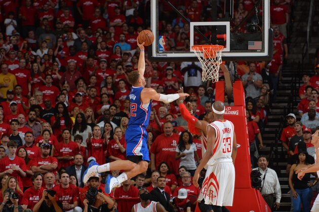 HOUSTON,TX : Blake Griffin #32 of the Los Angeles Clippers goes up of the monster dunnk against the Houston Rockets at the Toyota Center During Game Two of the Western Conference Semifinals during the 2015 NBA Playoffs on May 6, 2015 in Houston,Texas NOTE TO USER: User expressly acknowledges and agrees that, by downloading and/or using this Photograph, user is consenting to the terms and conditions of the Getty Images License Agreement. Mandatory Copyright Notice: Copyright 2015 NBAE (Photo by Jesse D. Garrabrant/NBAE via Getty Images)