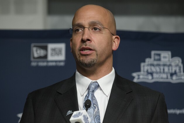 Penn State football head coach James Franklin speaks during a news conference at Yankee Stadium regarding the upcoming Pinstripe Bowl between Penn State and Boston College, Tuesday, Dec. 9, 2014, in the Bronx borough of New York.(AP Photo/John Minchillo)