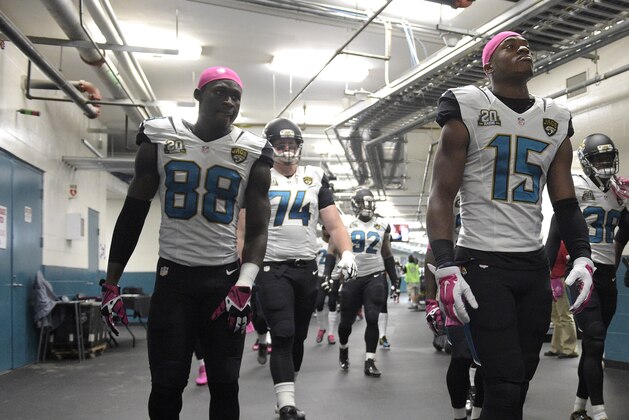 Jacksonville Jaguars wide receiver Allen Hurns (88), wide receiver Allen Robinson (15) and cornerback Demetrius McCray (35) walk with the team under the stadium to the field prior to an NFL football game against the Pittsburgh Steelers in Jacksonville, Fla., Sunday, Oct. 5, 2014.(AP Photo/Phelan M. Ebenhack)