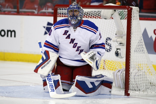 New York Rangers goalie Henrik Lundqvist (30), from Sweden, gets ready before the first period of Game 4 in the second round of the NHL Stanley Cup hockey playoffs against the Washington Capitals, Wednesday, May 6, 2015, in Washington. (AP Photo/Alex Brandon)