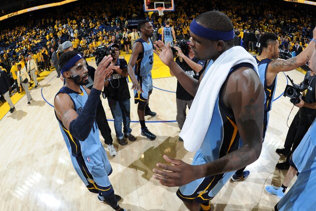 OAKLAND, CA  MAY 5: Mike Conley #11 and Zach Randolph #50 of the Memphis Grizzlies celebrate after a game against the Golden State Warriors in Game Two of the Western Conference Semifinals of the 2015 NBA Playoffs on May 5, 2015 at Oracle Arena in Oakland, California. NOTE TO USER: User expressly acknowledges and agrees that, by downloading and or using this photograph, user is consenting to the terms and conditions of Getty Images License Agreement. Mandatory Copyright Notice: Copyright 2015 NBAE (Photo by Andrew D. Bernstein/NBAE via Getty Images)