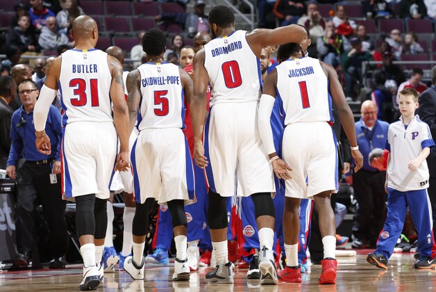 AUBURN HILLS, MI - APRIL 4: Caron Butler #31, Kentavious Caldwell-Pope #5, Andre Drummond #0 and Reggie Jackson #1 of the Detroit Pistons during the game against the Miami Heat on April 4, 2015 at The Palace of Auburn Hills in Auburn Hills, Michigan. NOTE TO USER: User expressly acknowledges and agrees that, by downloading and/or using this photograph, User is consenting to the terms and conditions of the Getty Images License Agreement. Mandatory Copyright Notice: Copyright 2015 NBAE (Photo by B. Sevald/Einstein/NBAE via Getty Images)
