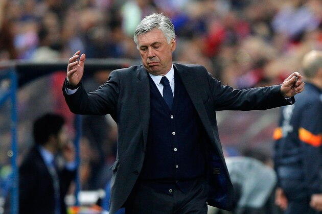 MADRID, SPAIN - APRIL 14:  Head Coach Carlo Ancelotti of Real Madrid CF shows his frustratiob during the UEFA Champions League Quarter Final First Leg match between Club Atletico de Madrid and Real Madrid CF at Vicente Calderon Stadium on April 14, 2015 in Madrid, Spain.  (Photo by Gonzalo Arroyo Moreno/Getty Images)