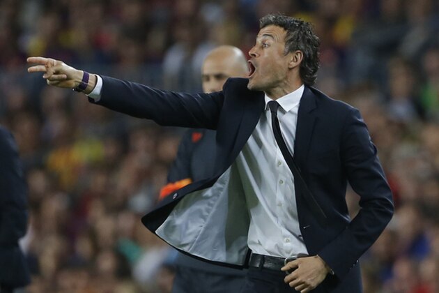 Barcelona’s head coach Luis Enrique gestures during the Champions League semifinal first leg soccer match between Barcelona and Bayern Munich at the Camp Nou stadium in Barcelona, Spain, Wednesday, May 6, 2015.  (AP Photo/Emilio Morenatti)