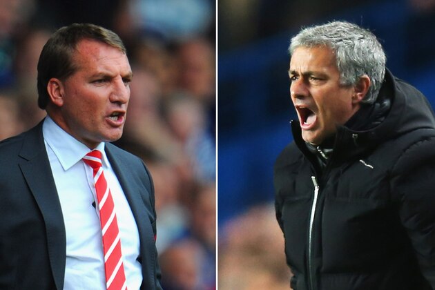 FILE PHOTO - EDITORS NOTE: COMPOSITE OF TWO IMAGES - Image Numbers 150452492 (L) and 479407505) In this composite image a comparison has been made between Brendan Rodgers ,manager of Liverpool (L) and Chelsea manager Jose Mourinho. The top two teams in the Premier League meet in a league match on April 27, 2014 at Anfield in Liverpool,England.   ***LEFT IMAGE*** WEST BROMWICH, ENGLAND - AUGUST 18: Liverpool manager Brendan Rodgers looks on during the Barclays Premier League match between West Bromwich Albion and Liverpool at The Hawthorns on August 18, 2012 in West Bromwich, England. (Photo by Michael Regan/Getty Images) ***RIGHT IMAGE*** LONDON, ENGLAND - MARCH 18: Jose Mourinho manager of Chelsea shouts during the UEFA Champions League Round of 16 second leg match between Chelsea and Galatasaray AS at Stamford Bridge on March 18, 2014 in London, England. (Photo by Clive Rose/Getty Images)