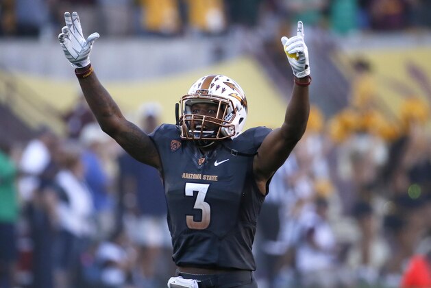 Arizona State defensive back Damarious Randall (3) celebrates during the final minute of the second half of an NCAA college football game against Notre Dame, Saturday, Nov. 8, 2014, in Tempe, Ariz. Arizona State won 55-31. (AP Photo/Matt York)