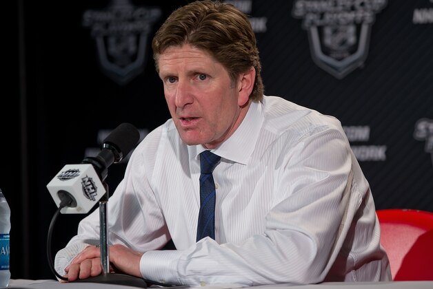 DETROIT, MI - APRIL 21: Head coach Mike Babcock of the Detroit Red Wings addresses the media after Game Three of the Eastern Conference Quarterfinals against the Tampa Bay Lightning during the 2015 NHL Stanley Cup Playoffs on April 21, 2015 at Joe Louis Arena in Detroit, Michigan. The Wings defeated the Lightning 3-0. (Photo by Dave Reginek/NHLI via Getty Images)