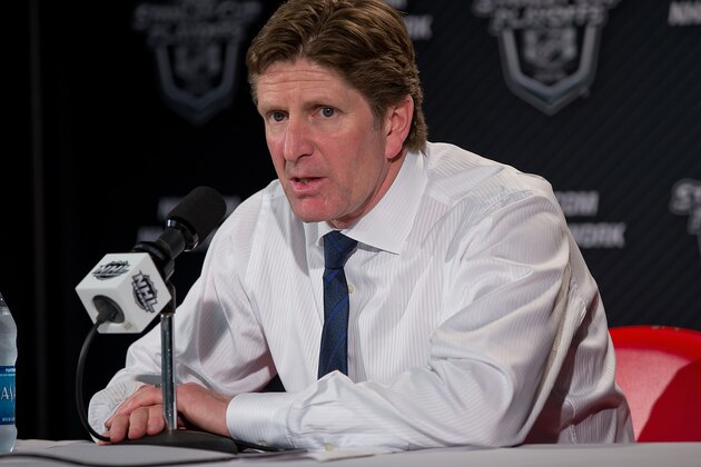 DETROIT, MI - APRIL 21: Head coach Mike Babcock of the Detroit Red Wings addresses the media after Game Three of the Eastern Conference Quarterfinals against the Tampa Bay Lightning during the 2015 NHL Stanley Cup Playoffs on April 21, 2015 at Joe Louis Arena in Detroit, Michigan. The Wings defeated the Lightning 3-0. (Photo by Dave Reginek/NHLI via Getty Images)