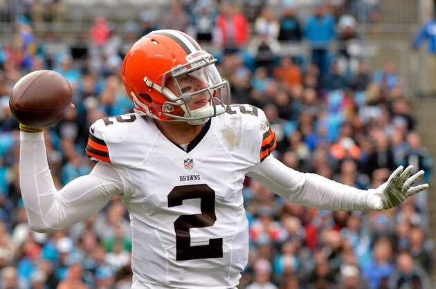 CHARLOTTE, NC - DECEMBER 21:  Johnny Manziel #2 of the Cleveland Browns drops back to pass against the Carolina Panthers during their game at Bank of America Stadium on December 21, 2014 in Charlotte, North Carolina.  (Photo by Grant Halverson/Getty Images)