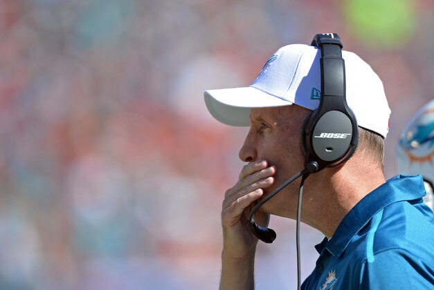 Nov 2, 2014; Miami Gardens, FL, USA; Miami Dolphins head coach Joe Philbin looks on during the first half against the San Diego Chargers at Sun Life Stadium. Mandatory Credit: Steve Mitchell-USA TODAY Sports