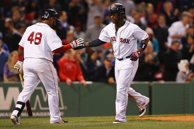 BOSTON, MA - APRIL 28:  Hanley Ramirez #13 of the Boston Red Sox celebrates with Pablo Sandoval #48 after hitting a two run homer against the Toronto Blue Jays during the eighth inning at Fenway Park on April 28, 2015 in Boston, Massachusetts.  (Photo by Maddie Meyer/Getty Images)
