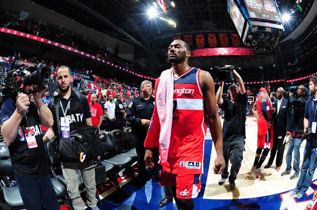 ATLANTA, GEORGIA - MAY 3: John Wall #2 of the Washington Wizards after the game against the Atlanta Hawks for Game One of the Eastern Conference Semifinals during the NBA Playoffs on May 3, 2015 at Philips Center in Atlanta, Georgia.  NOTE TO USER: User expressly acknowledges and agrees that, by downloading and or using this Photograph, user is consenting to the terms and conditions of the Getty Images License Agreement.  Mandatory Copyright Notice: Copyright 2015 NBAE (Photo by Scott Cunningham/NBAE via Getty Images)