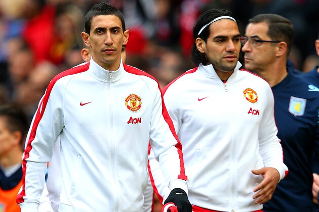 MANCHESTER, ENGLAND - APRIL 04:  Substitutes Angel di Maria of Manchester United and Radamel Falcao of Manchester United walk off the pitch at half-time in the Barclays Premier League match between Manchester United and Aston Villa at Old Trafford on April 4, 2015 in Manchester, England.  (Photo by Alex Livesey/Getty Images)