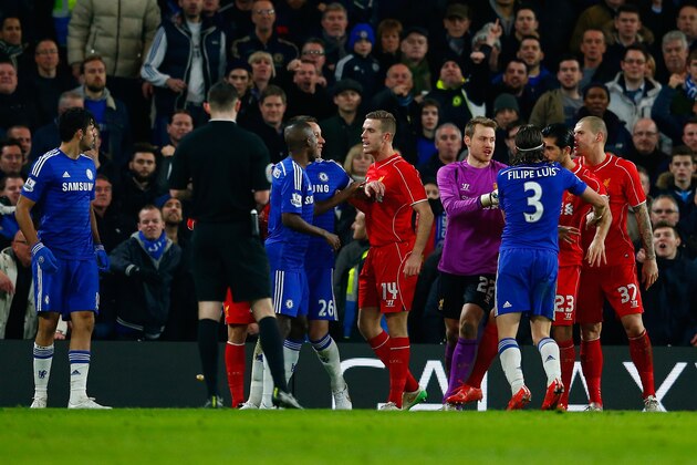 LONDON, ENGLAND - JANUARY 27:  Diego Costa of Chelsea (L) looks on as Jordan Henderson (C) has words held back by Ramires of Chelsea during the Capital One Cup Semi-Final second leg between Chelsea and Liverpool at Stamford Bridge on January 27, 2015 in London, England.  (Photo by Julian Finney/Getty Images)