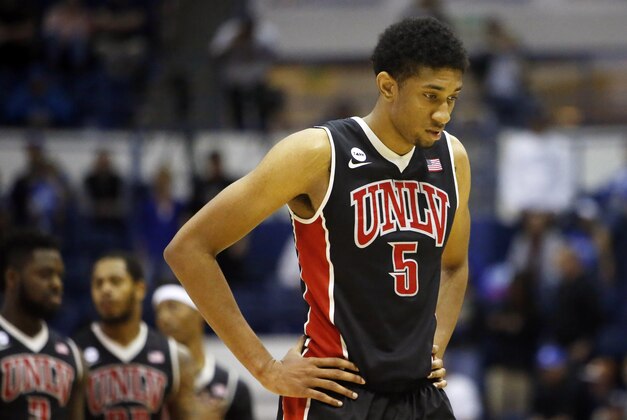 Feb 14, 2015; Colorado Springs, CO, USA; UNLV Rebels forward Christian Wood (5) reacts during the second half against the Air Force Falcons at Clune Arena. The Falcons won 76-75. Mandatory Credit: Chris Humphreys-USA TODAY Sports