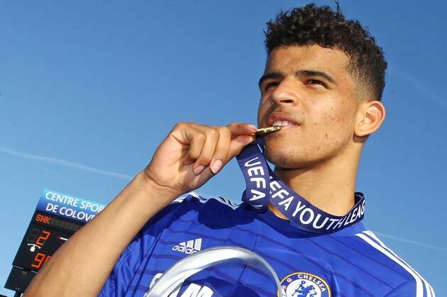 NYON, SWITZERLAND - APRIL 13: Dominic Solanke of Chelsea FC poses with the Lennart Johansson trophy after the UEFA Youth League Final match between Shakhtar Donetsk and Chelsea FC at Colovray Stadion on April 13, 2015 in Nyon, Switzerland. (Photo by Philipp Schmidli/Getty Images)