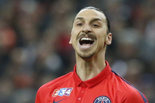 Paris Saint Germain's  Zlatan Ibrahimovic, reacts after missing a goal-scoring opportunity during a League Cup final soccer match Bastia against Paris Saint Germain at Stade de France stadium in Saint Denis, outside Paris, France, Saturday, April 11, 2015. Paris Saint Germain won 4-0. (AP Photo/Michel Euler)