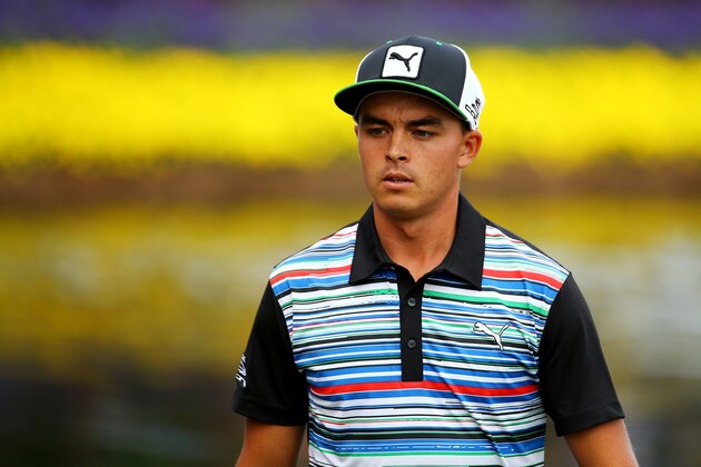 PONTE VEDRA BEACH, FL - MAY 08:  Rickie Fowler reacts on the 17th green during round two of THE PLAYERS Championship at the TPC Sawgrass Stadium course on May 8, 2015 in Ponte Vedra Beach, Florida.  (Photo by Richard Heathcote/Getty Images)