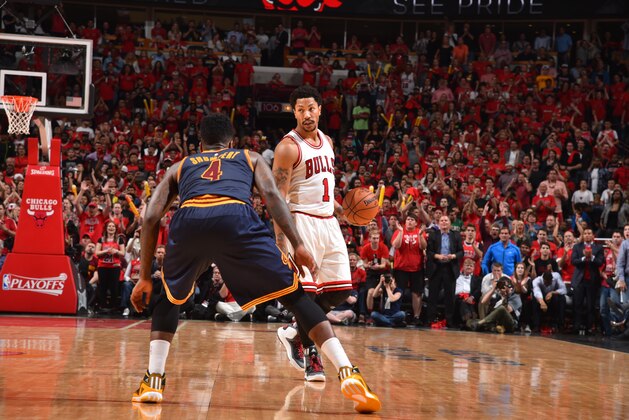 CHICAGO,IL :  Derrick Rose #1 of the Chicago Bulls dribbles the ball against the Cleveland Cavaliers at the United Center During Game Two of the Eastern Conference Semifinals during the 2015 NBA Playoffs on May 8, 2015 in Chicago,Illinois NOTE TO USER: User expressly acknowledges and agrees that, by downloading and/or using this Photograph, user is consenting to the terms and conditions of the Getty Images License Agreement. Mandatory Copyright Notice: Copyright 2015 NBAE (Photo by Jesse D. Garrabrant/NBAE via Getty Images)