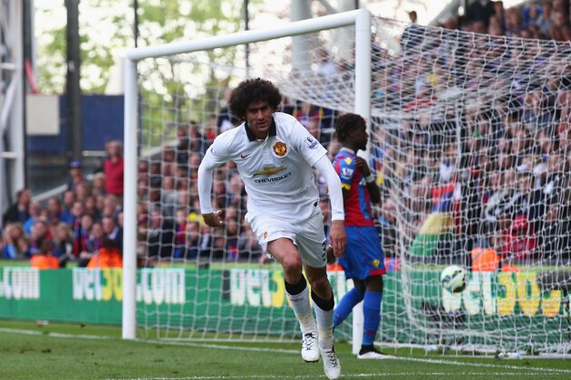 LONDON, ENGLAND - MAY 09:  Marouane Fellaini of Manchester United celebrates scoring his team's second goal during the Barclays Premier League match between Crystal Palace and Manchester United at Selhurst Park on May 9, 2015 in London, England.  (Photo by Ian Walton/Getty Images)
