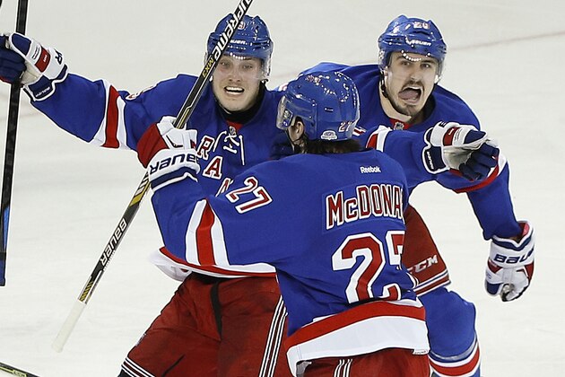 New York Rangers right wing Jesper Fast, top left, and left wing Chris Kreider celebrate with New York Rangers defenseman Ryan McDonagh (27) who scored the game winning goal in overtime against the Washington Capitals during Game 5 in the second round of the NHL Stanley Cup hockey playoffs, Friday, May 8, 2015, in New York. The Rangers won 2-1. (AP Photo/Julie Jacobson)