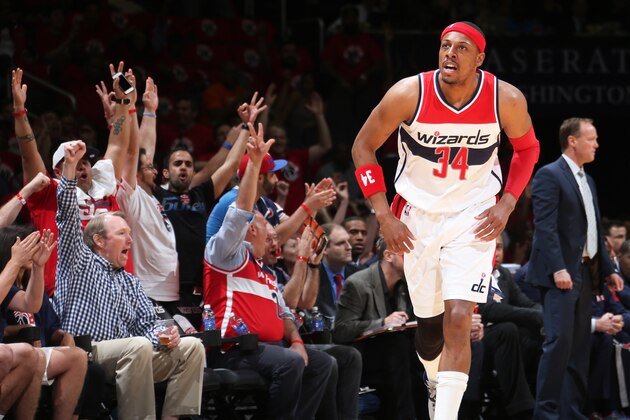 WASHINGTON, DC - MAY 9: Paul Pierce #34 of the Washington Wizards during the game against the Atlanta Hawks in Game Three of the Eastern Conference Semifinals of the 2015 NBA Playoffs at the Verizon Center on May 9, 2015 in Washington, DC. NOTE TO USER: User expressly acknowledges and agrees that, by downloading and or using this photograph, User is consenting to the terms and conditions of the Getty Images License Agreement. (Photo by Ned Dishman/NBAE via Getty Images)