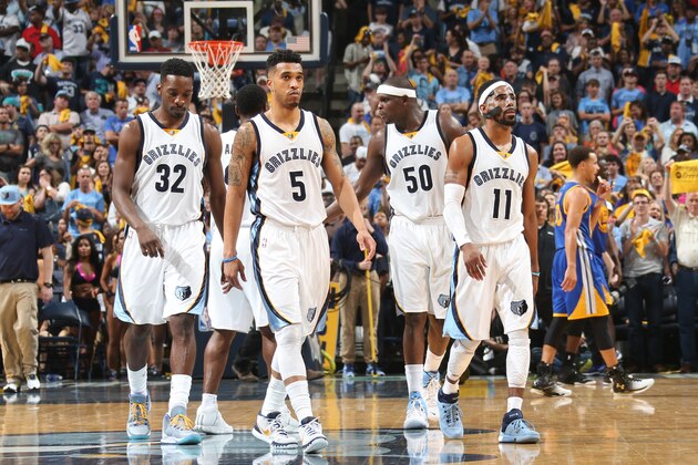 MEMPHIS, TN - MAY 9: Jeff Green #32, Courtney Lee #5, Zach Randolph #50 and Mike Conley #11 of the Memphis Grizzlies during Game Three of the Western Conference Semifinals against the Golden State Warriors during the NBA Playoffs on May 9, 2015 at FedExForum in Memphis, Tennessee.  NOTE TO USER: User expressly acknowledges and agrees that, by downloading and or using this Photograph, user is consenting to the terms and conditions of the Getty Images License Agreement.  Mandatory Copyright Notice: Copyright 2015 NBAE (Photo by Joe Murphy/NBAE via Getty Images)