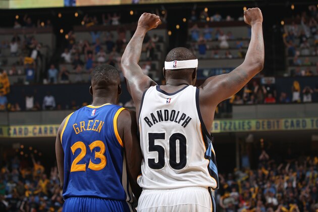 MEMPHIS, TN - MAY 9: Zach Randolph #50 of the Memphis Grizzlies and Draymond Green #23 of the Golden State Warriors during Game Three of the Western Conference Semifinals for the NBA Playoffs on May 9, 2015 at FedExForum in Memphis, Tennessee.  NOTE TO USER: User expressly acknowledges and agrees that, by downloading and or using this Photograph, user is consenting to the terms and conditions of the Getty Images License Agreement.  Mandatory Copyright Notice: Copyright 2015 NBAE (Photo by Joe Murphy/NBAE via Getty Images)