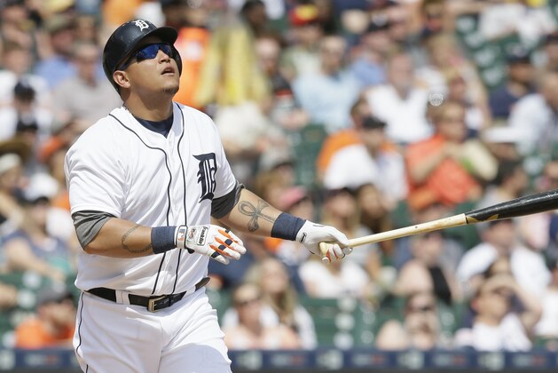 Detroit Tigers' Miguel Cabrera watches the flight of his flyout during the eighth inning of a baseball game against the Kansas City Royals, Saturday, May 9, 2015, in Detroit. (AP Photo/Carlos Osorio)